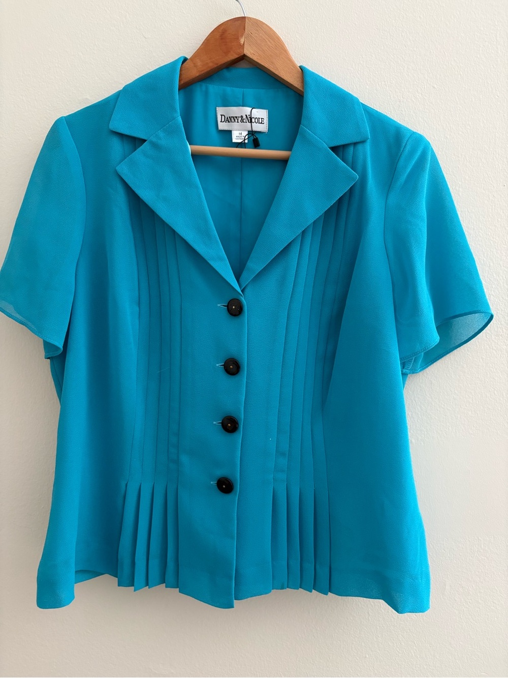Vintage Danny & Nicole Turquoise Pleated Short Sleeve Button-Front Blouse